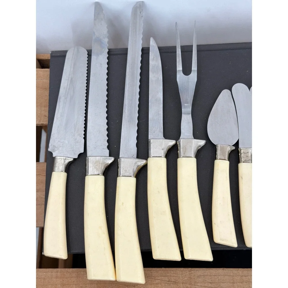 Vintage Lifetime Cutlery Sheffield England 15pc MCM Gold Floral Faux Wood Handle